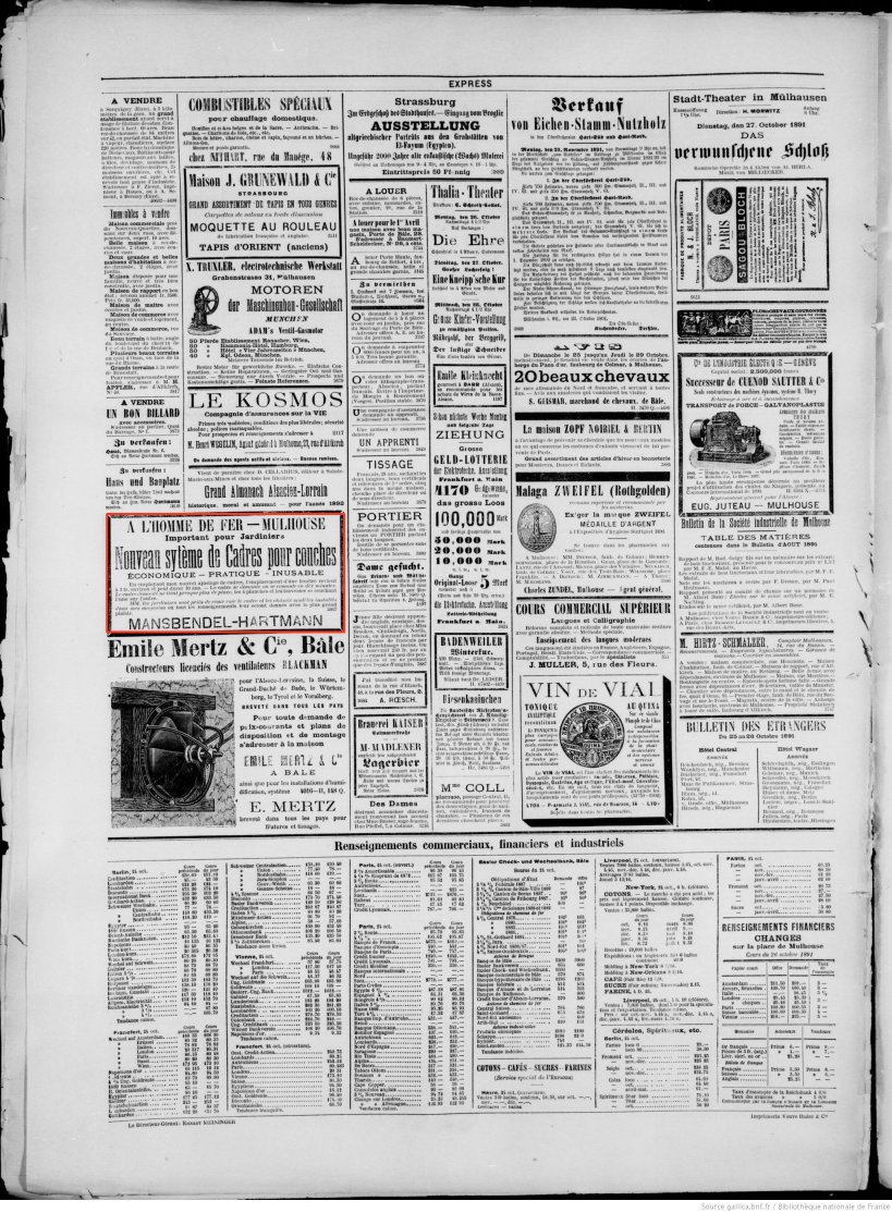 Journal L'Express de Mulhouse du 25 octobre 1891 (p.4) : nouveau système de cadres pour couches (pour les jardiniers).